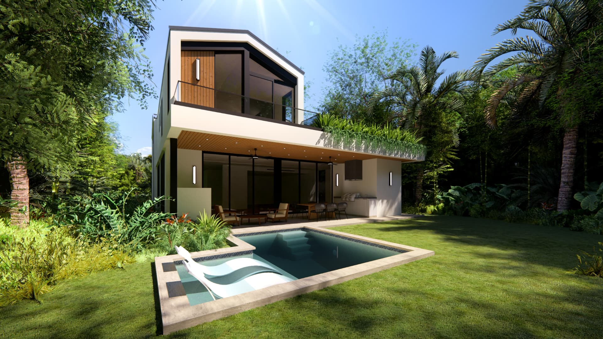 Rear elevation — upper balcony and outdoor kitchen