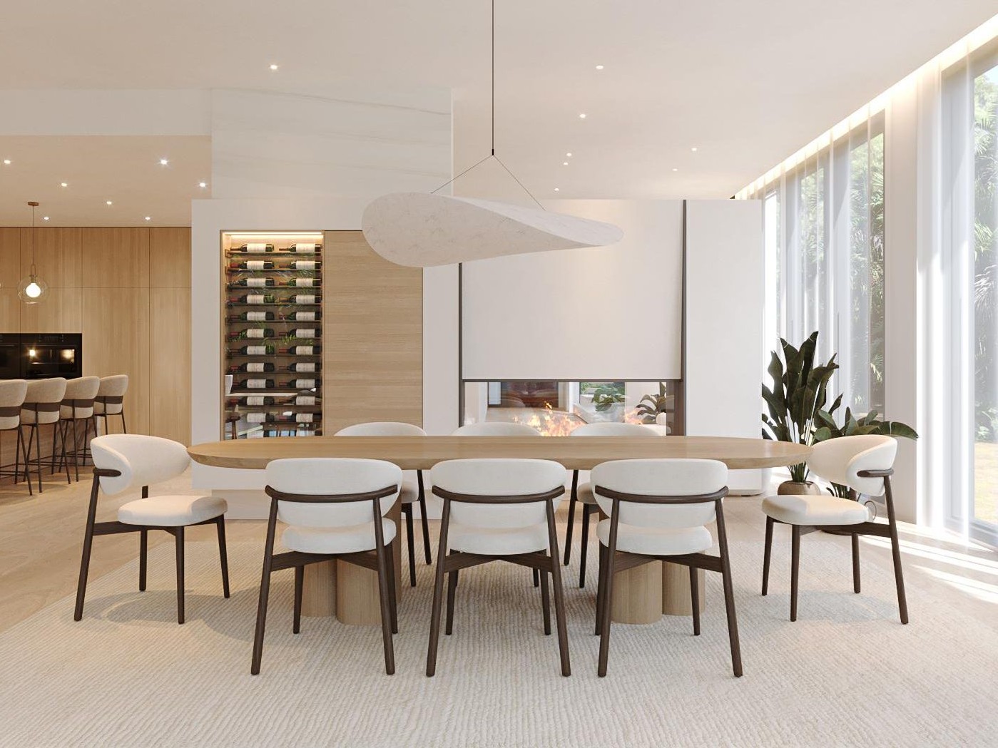Dining and wine wall — oak millwork, linear pendant