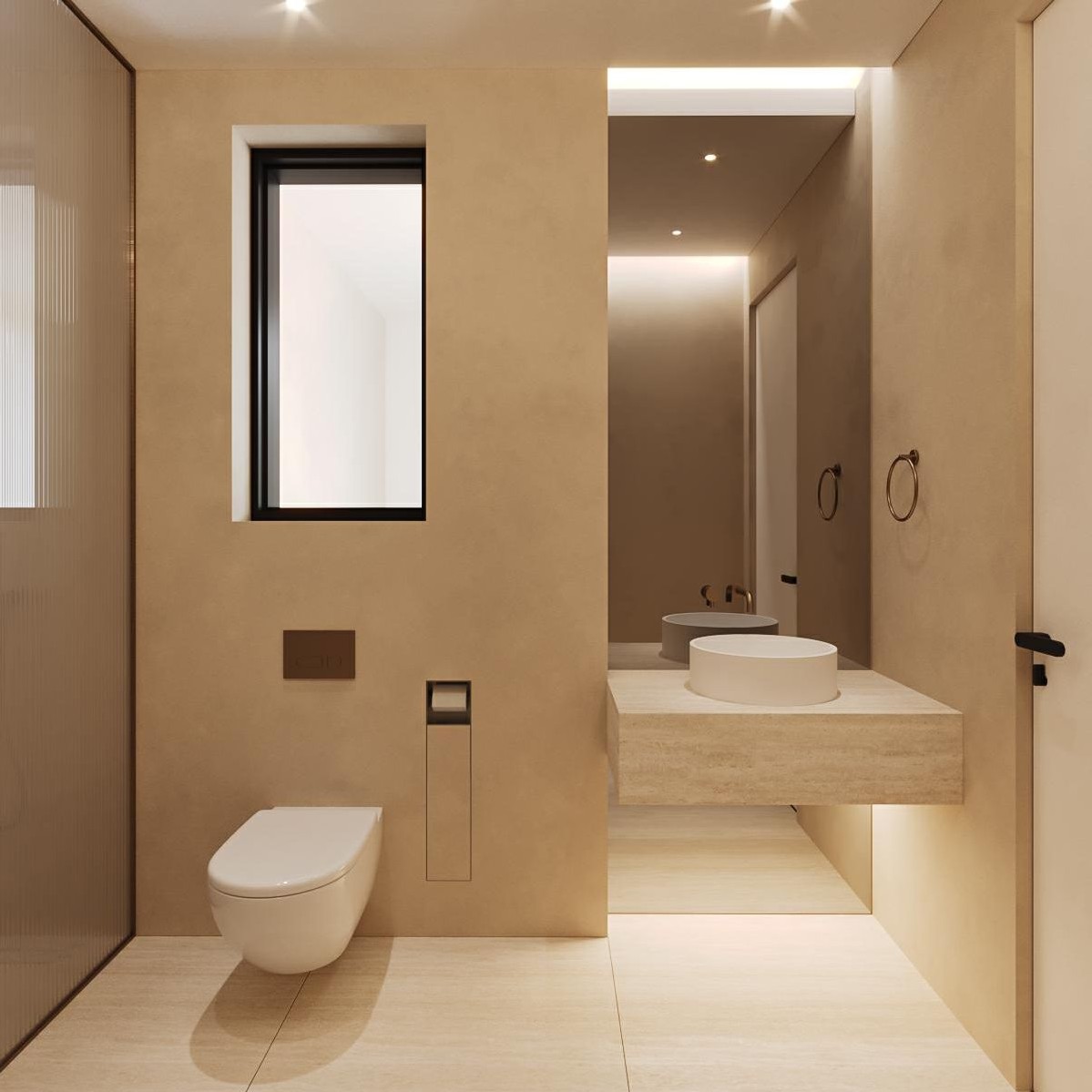 Primary bath — walk-in shower and stone vanity