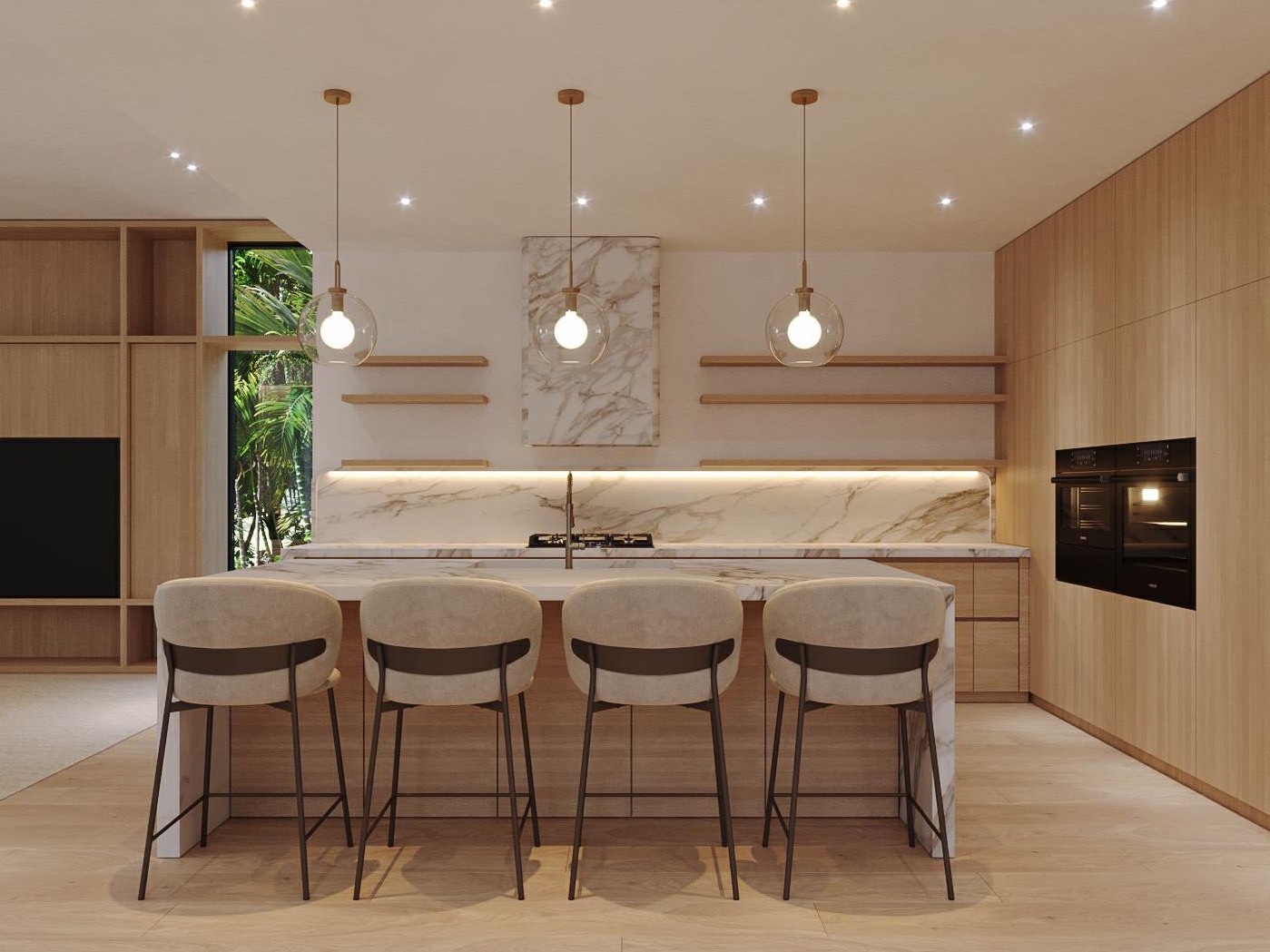 Kitchen island — stone counter and integrated appliances