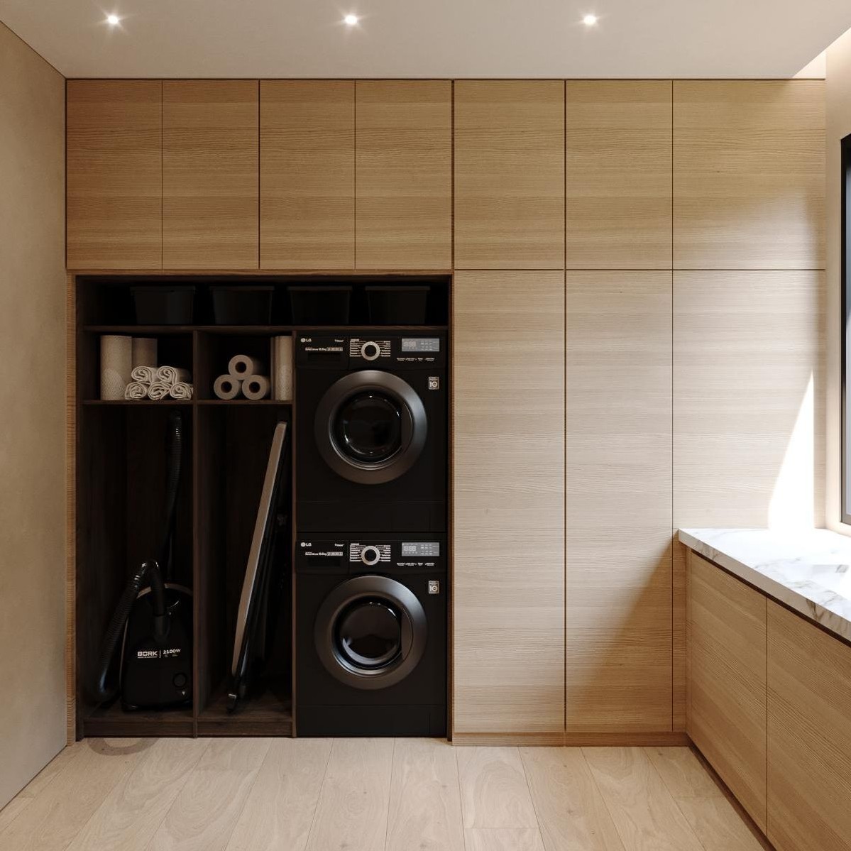 Kitchen — waterfall island and hidden pantry