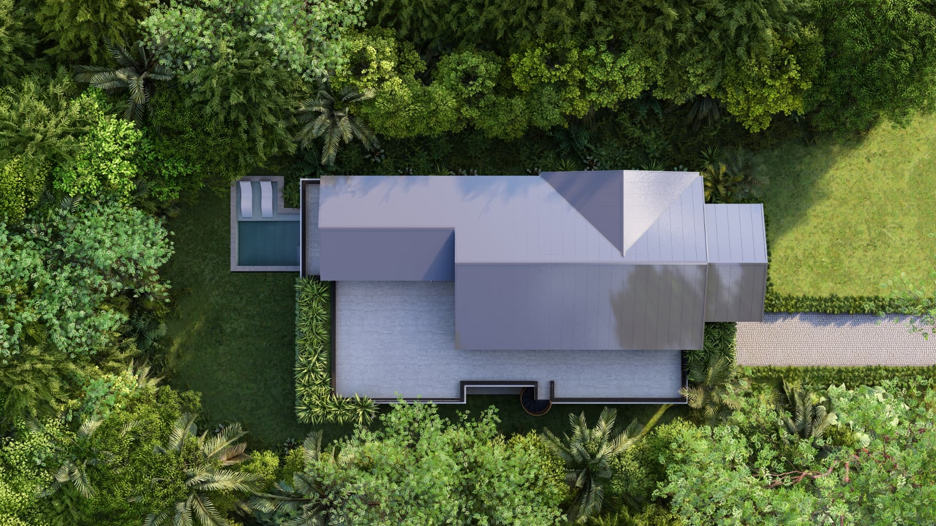 Site plan view — pool terrace, lawn and planted screen