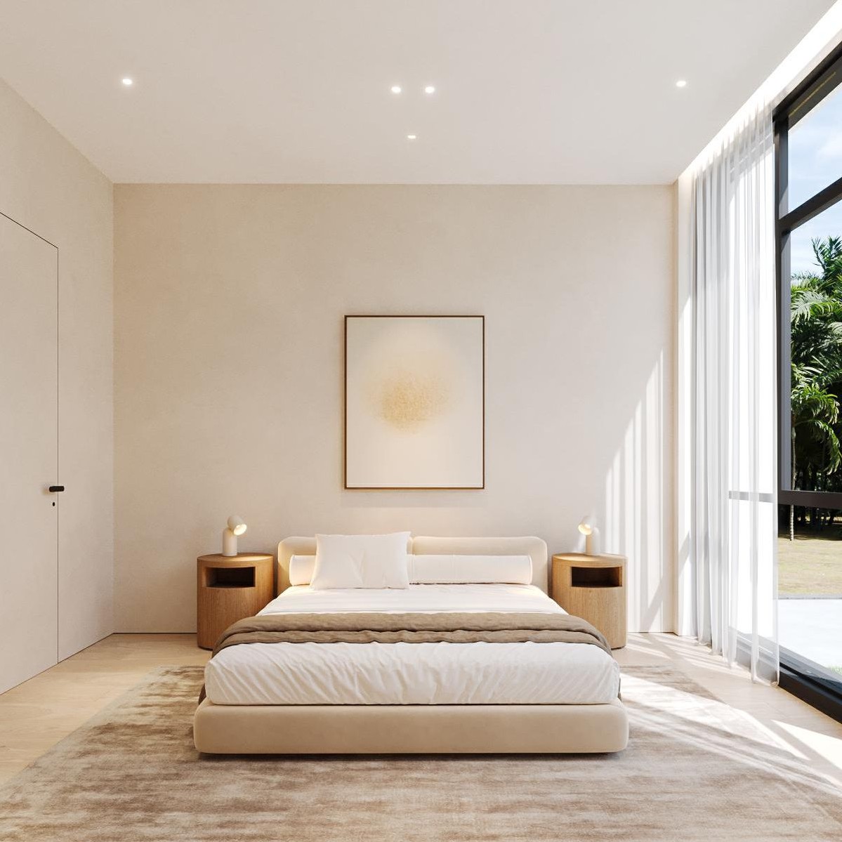 Primary bedroom — vaulted ceiling and corner glazing