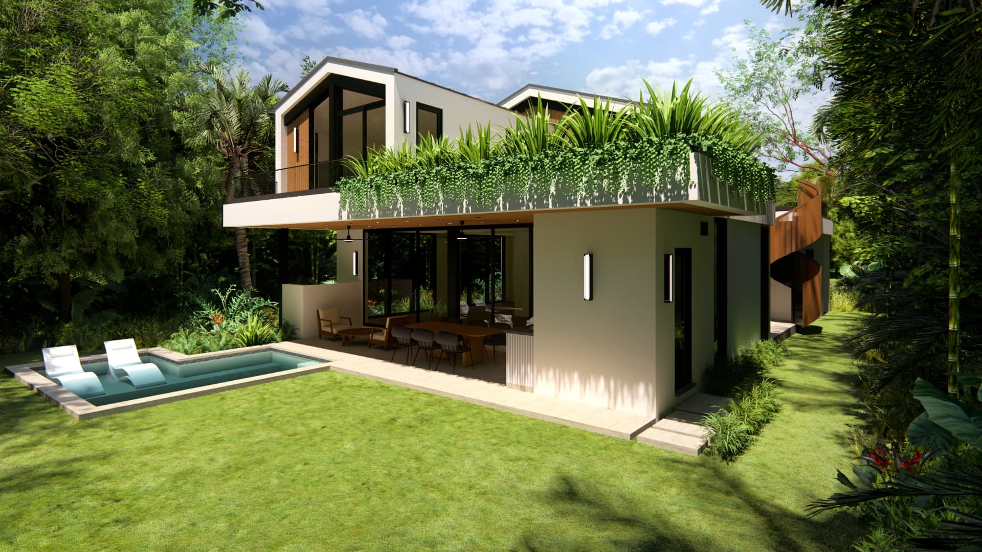 Three-quarter garden view — lap pool and planted parapet