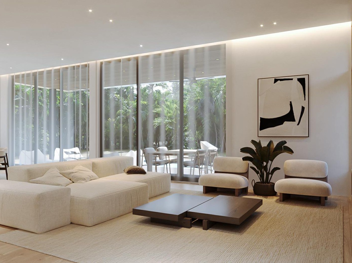Living room toward the garden — full-height glazing