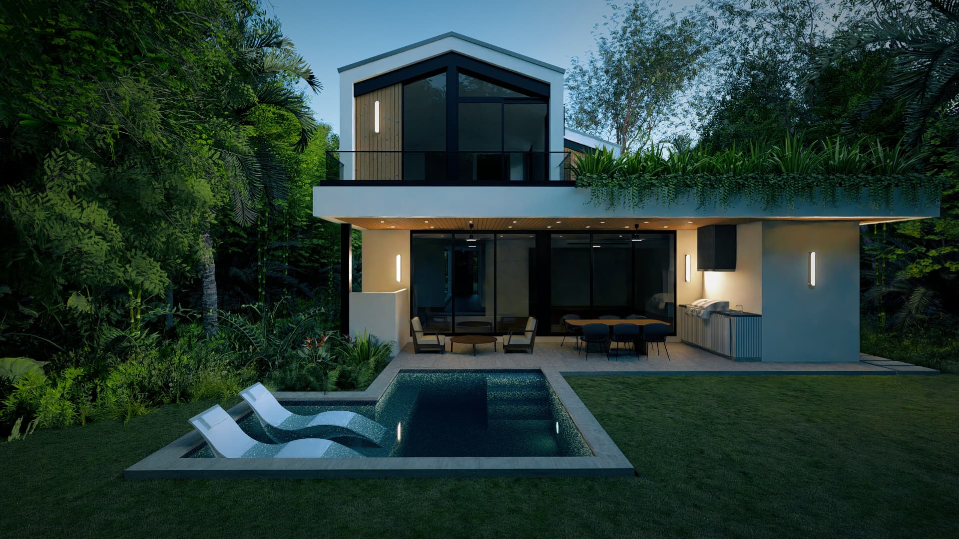 Garden elevation at dusk — loggia and pool lit from within