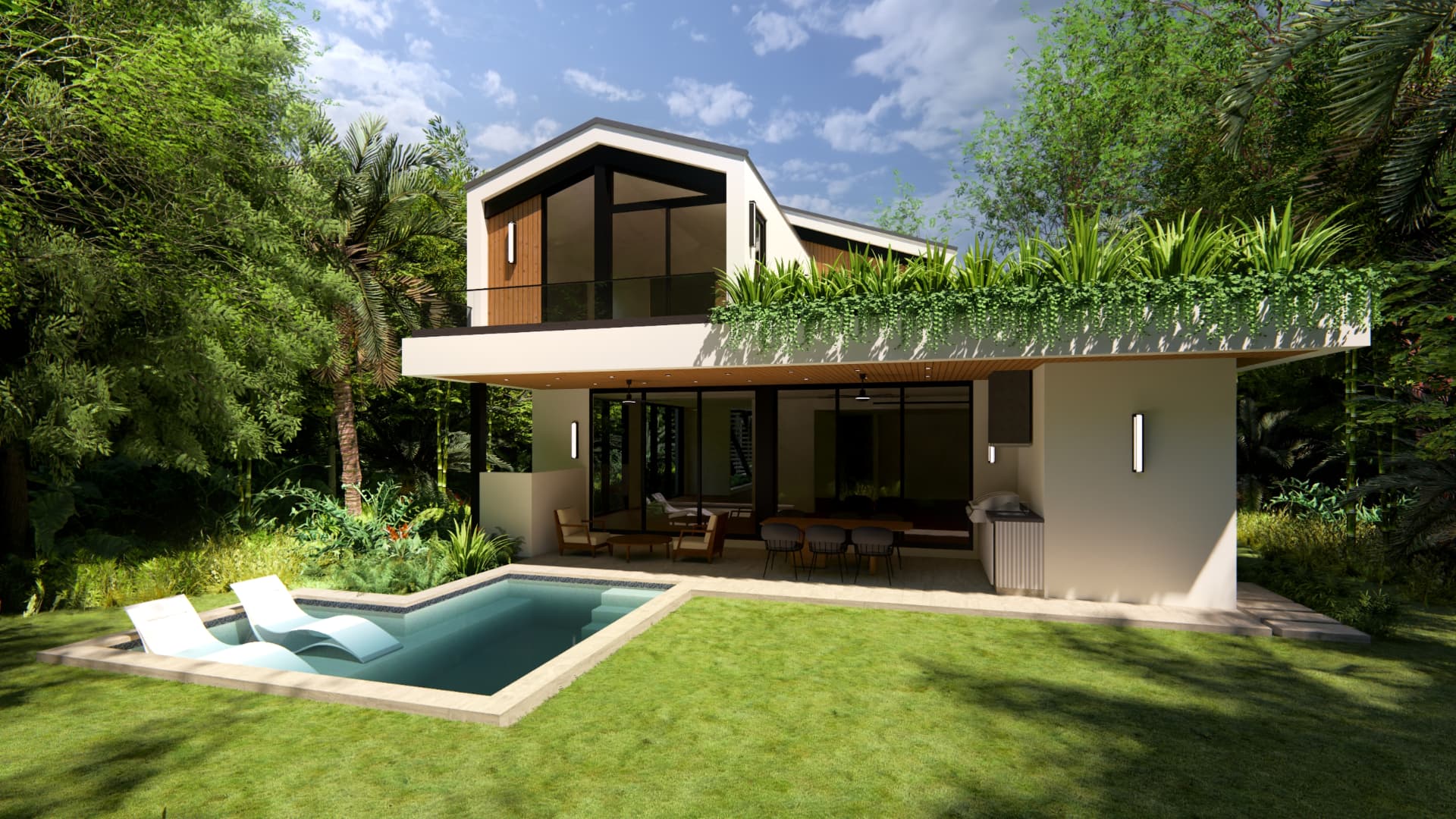 Pool terrace from the lawn — planted roof edge above
