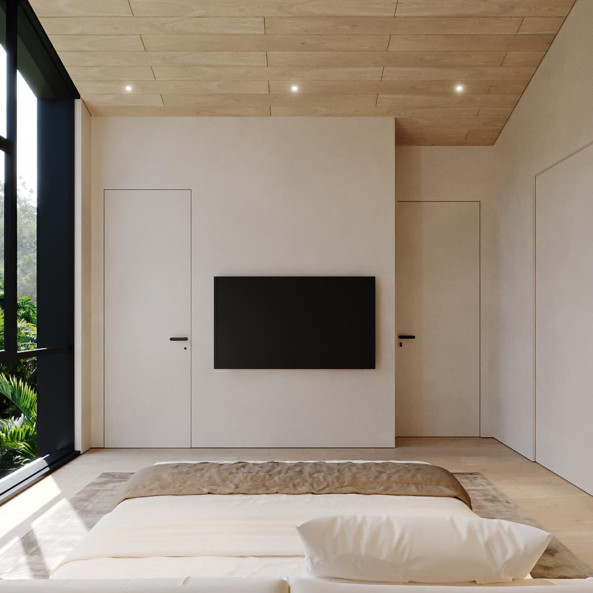 Bedroom — timber floors, sheer drapery