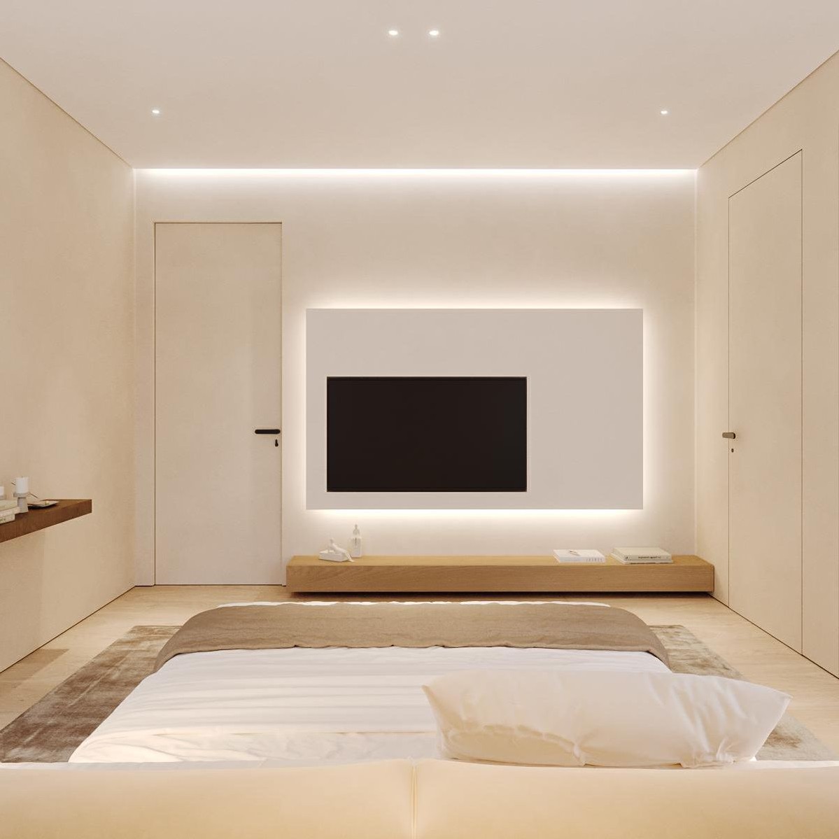 Guest bedroom — plaster walls and integrated joinery