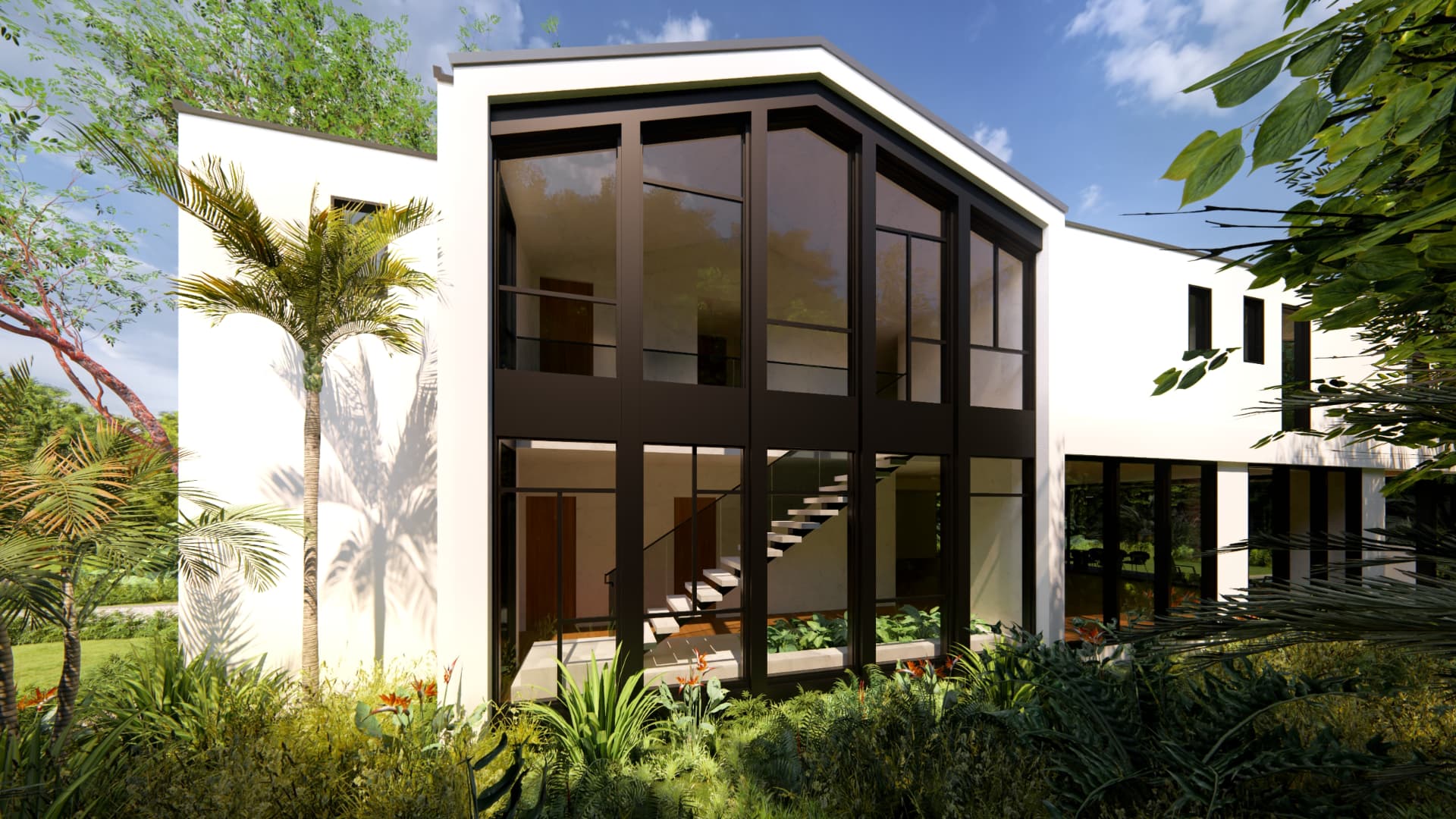 Garden elevation — double-height glazing to the stair hall