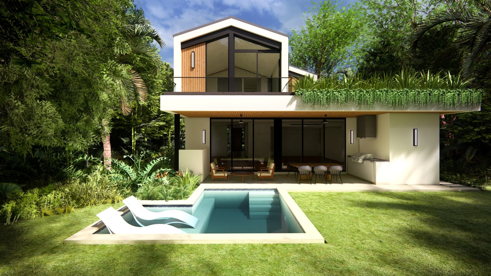Garden elevation — pool terrace and covered loggia