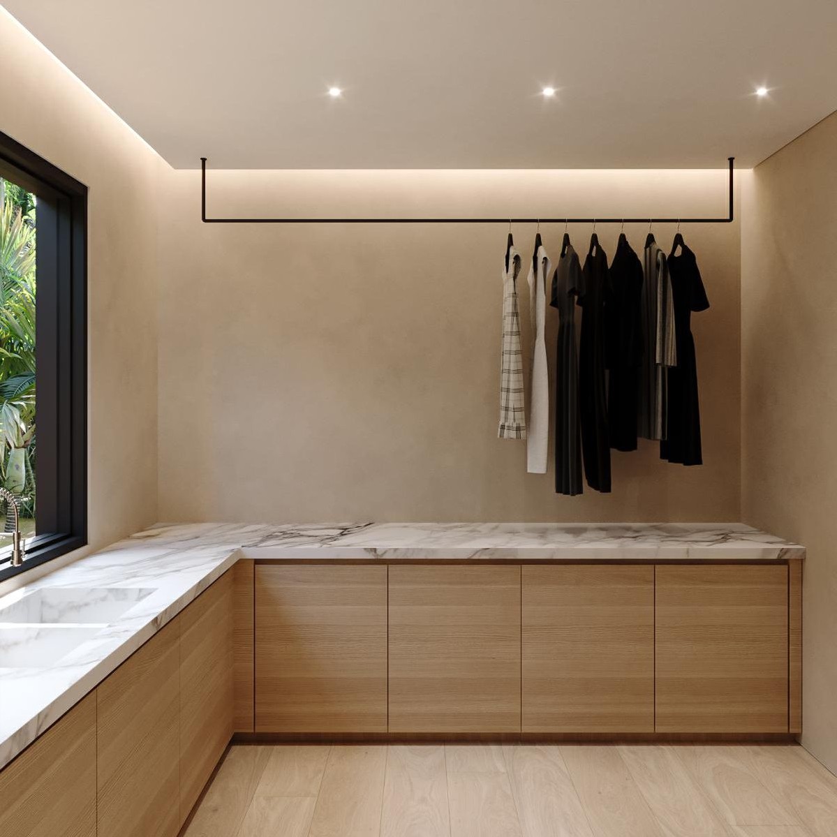Laundry — oak cabinetry with garden window