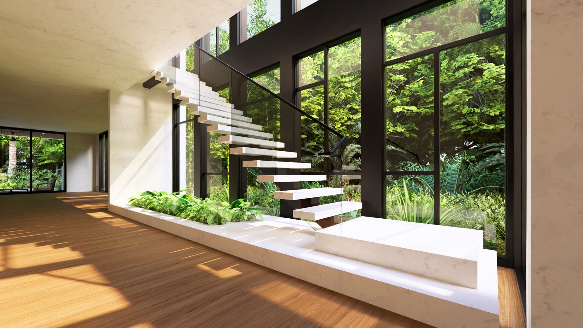 Entry hall — floating stone stair against full-height glazing