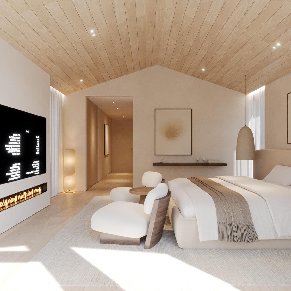 Media wall — recessed screen in warm plaster