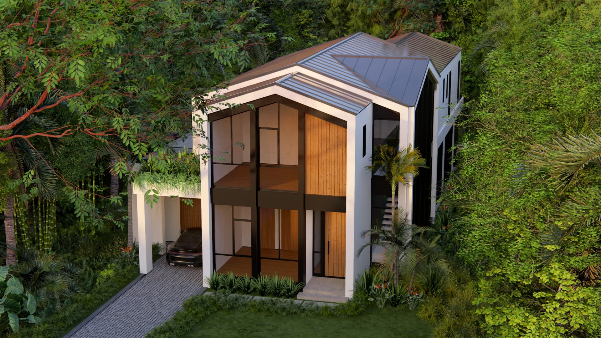 Aerial view — roofscape within the canopy