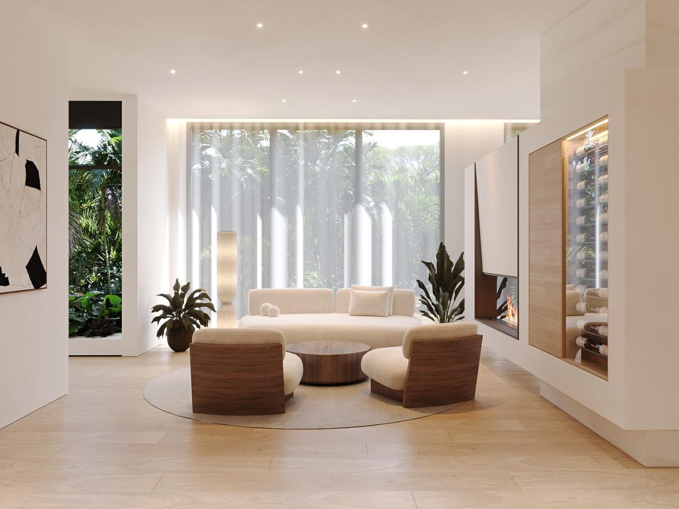 Family room — oak panelling and hearth wall